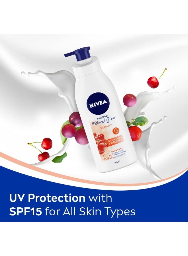 نيفيا لوشن الجسم نيفيا ناتشورال جلو لتوحيد لون البشرة، 400 مل | يحتوي على 40 ضعفًا من فيتامين C وحماية من الأشعة فوق البنفسجية لحماية وترطيب البشرة في الصيف | مع مستخلصات الكامو كامو والكرز الهندي | مناسب لجميع أنواع البشرة. - Image 2